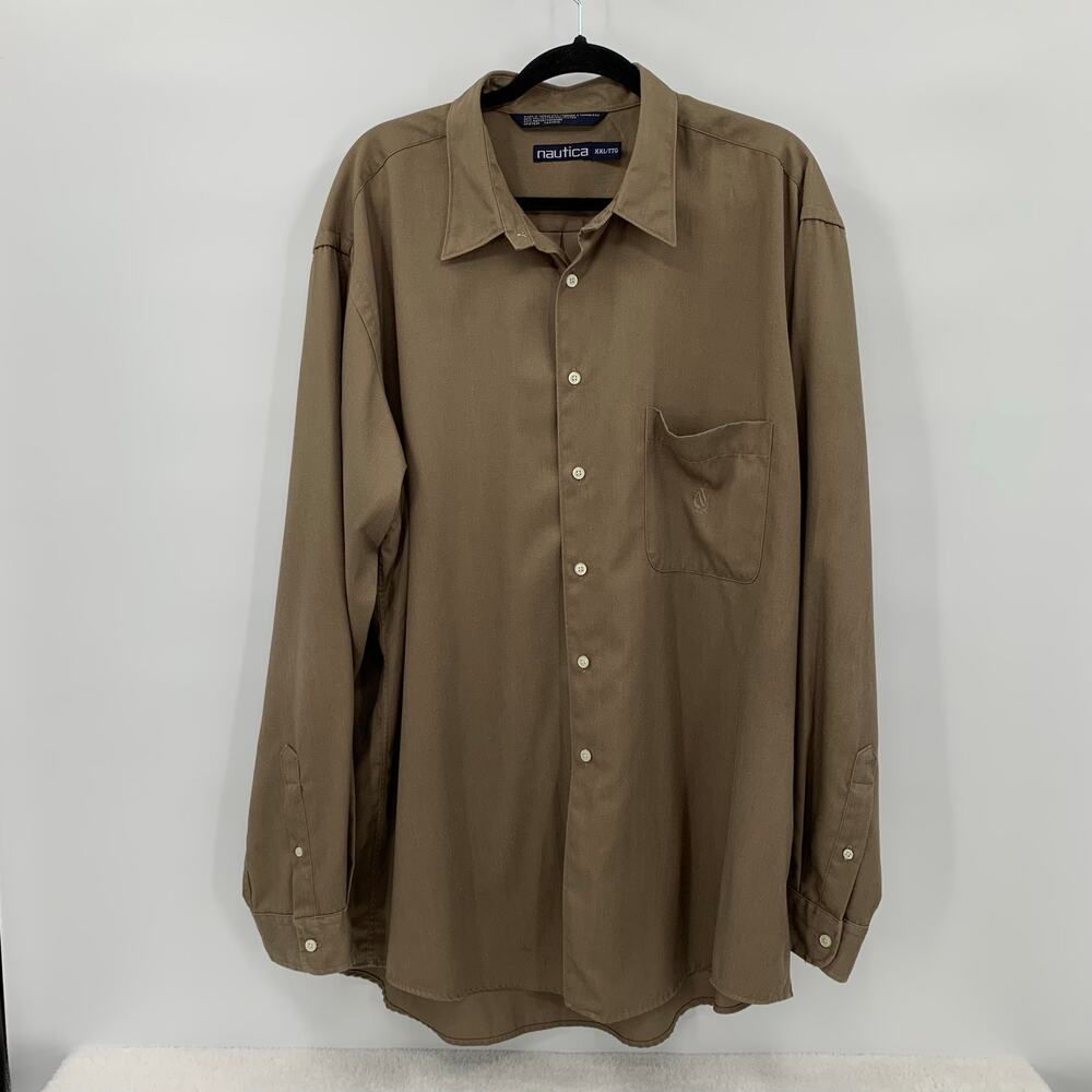 Nautica Mens XXL Button Down Shirt 2XL Long Sleeve Logo Brown Pocket Casual Work